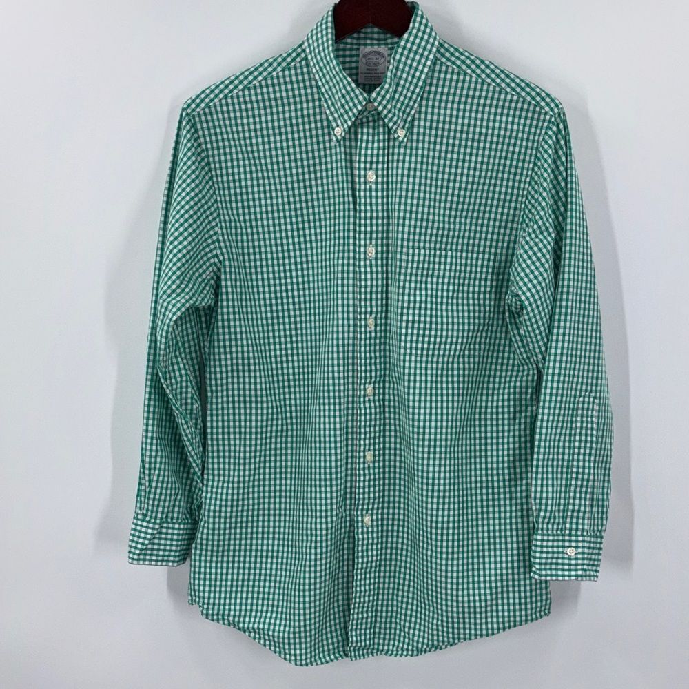 Brooks Brothers Button Up Shirt Green Plaid Regent Size 15 1/2- 32